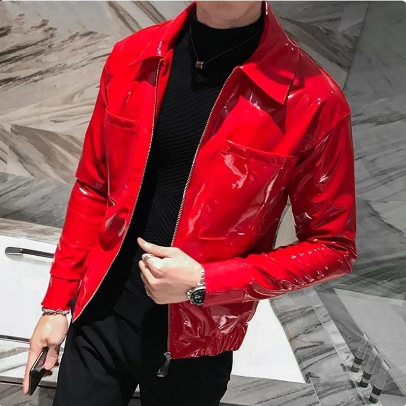 Men pu leather jacket motorbike shiny jacket