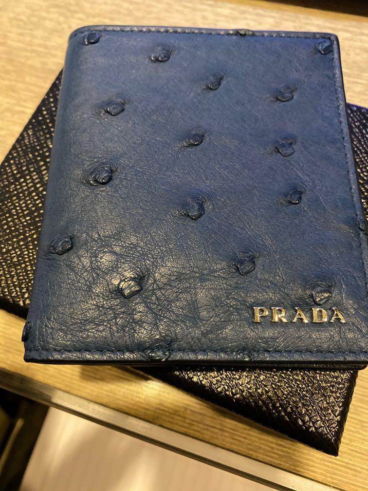 Prada Ostrich Wallet Blue, Luxury, Bags 