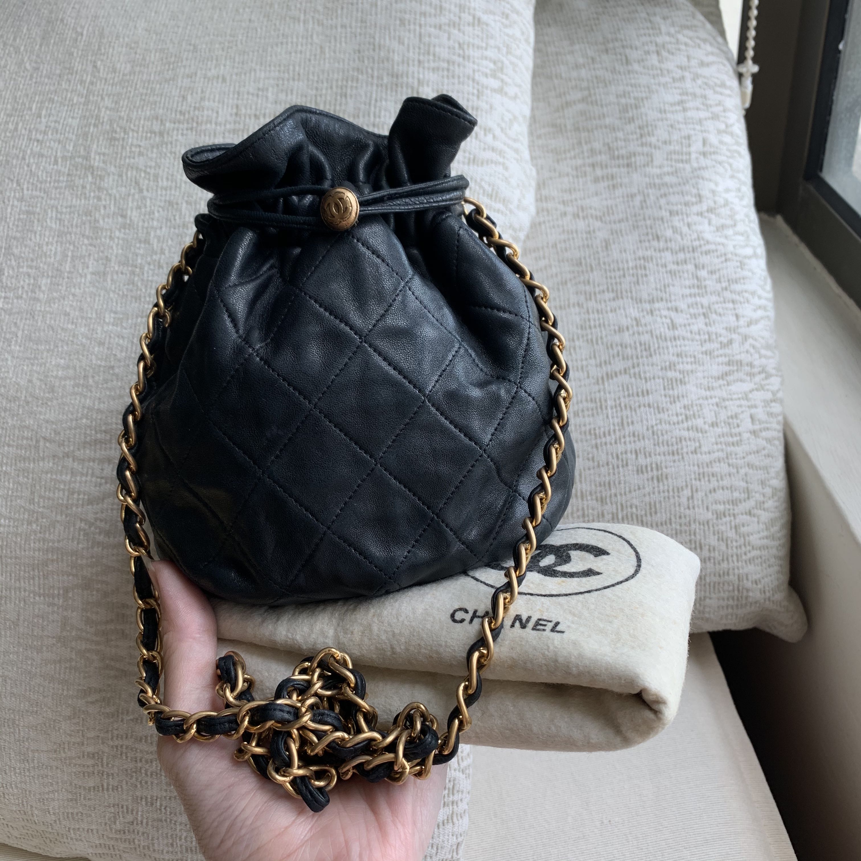 Chanel 1992 Vintage Small Drawstring Bucket Bag Black Lambskin 24k