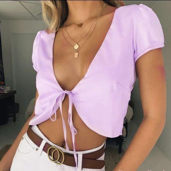 pink satin tie front top