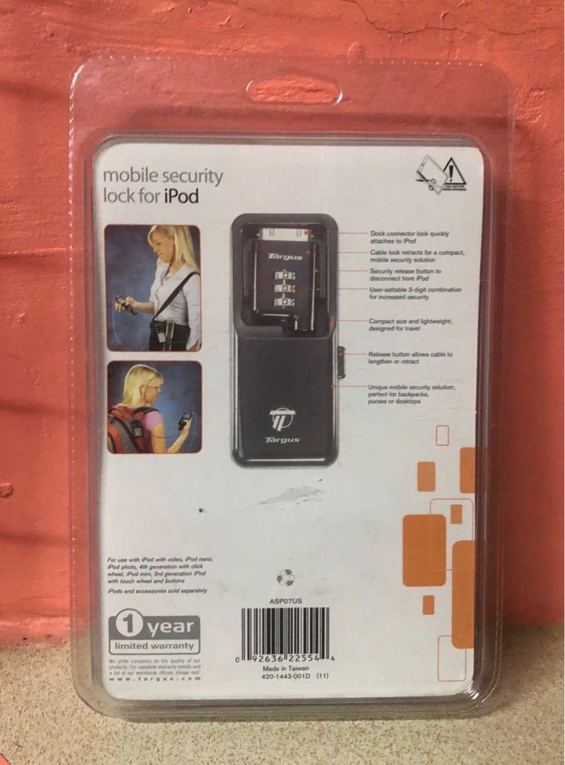 Mobile Security Lock for IPod (Category: Other Mobile & Gadget Accessories) located in Pasay City. Submitted by khriztyne (Listing ID 1014152593, Image 2). Description: Targus IPod ASP07US - retractable lock for use on the go - dock connector lock allows for ease of use and mobile security - a perfect solution for students, mobile listeners, backpackers or desktop usage - keyless combination user-resettable 3-digit combination, for increased secu