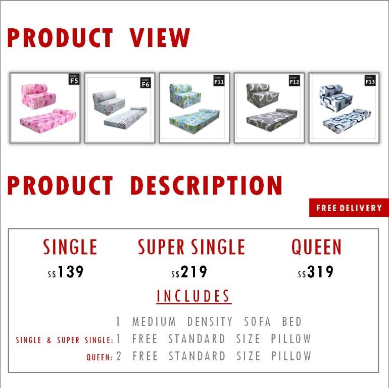 Sofa Bed (Category: Bed Frames & Mattresses) located in Singapore. Submitted by owlbird_94 (Listing ID 1014159216, Image 2). Description: Brand new SINGLE size sofa bed. Design choice: - F5 - F6 - F11 - F12 - F13 Package includes: - One single size medium density sofa bed. - One standard size polyester pillow. - Doorstep *delivery. *Same day free delivery availability (subject to schedule). Cash payment on delivery. While stock last. Also availab