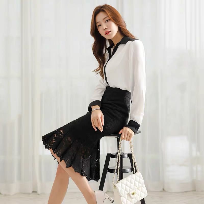 (BN)Korean two piece black lace mermaid skirt with white blose, Women's ...