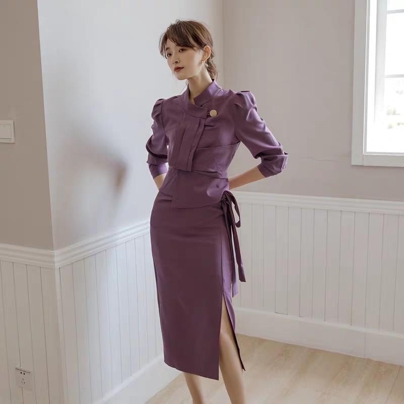 Chanel style vintage purple set split dress