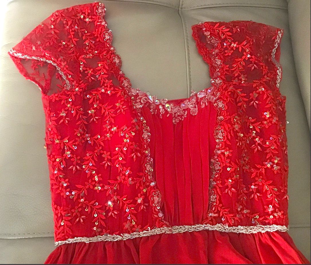 and red gown