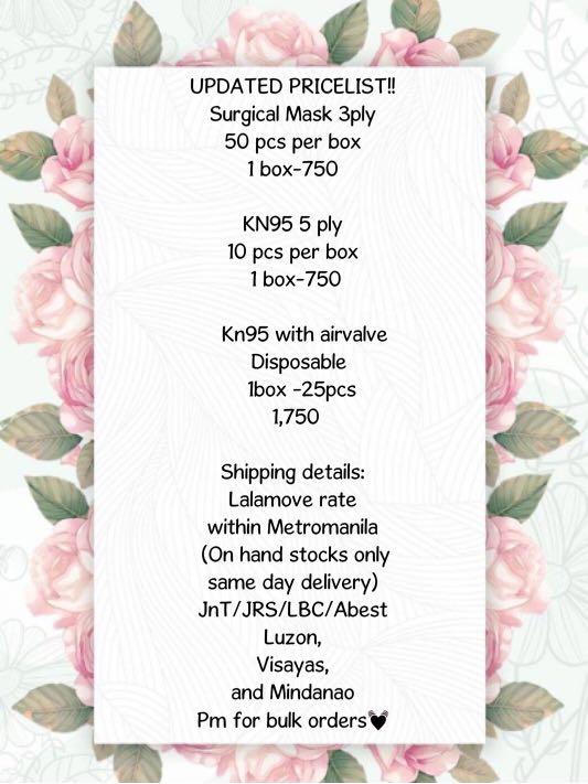 Kn95 5ply per piece (Category: Looking For) located in Marikina City. Submitted by nuezrisa03 (Listing ID 1014481316, Image 2). Description: Surgical mask 3ply 50pcs per box 1box 750 Kn95 5ply 10pcs per box 1 box 750 Kn95 with air valve disposable 25pcs per box 1,750 Full price list posted Pm for more inquiries 09663549996 Location Marikina/Pasay.