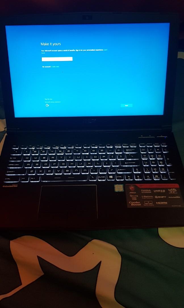 MSI gaming laptop (Category: Computer Parts) located in Singapore. Submitted by swinkybabes (Listing ID 1014396708, Image 1). Description: Detailed specs found here: https://www.msi.com/Laptop/GP62-6QF-Leopard-Pro/Specification Win 10 OS I7 6th gen 8GB ram 1000GB HDD Smoothness 9/10.