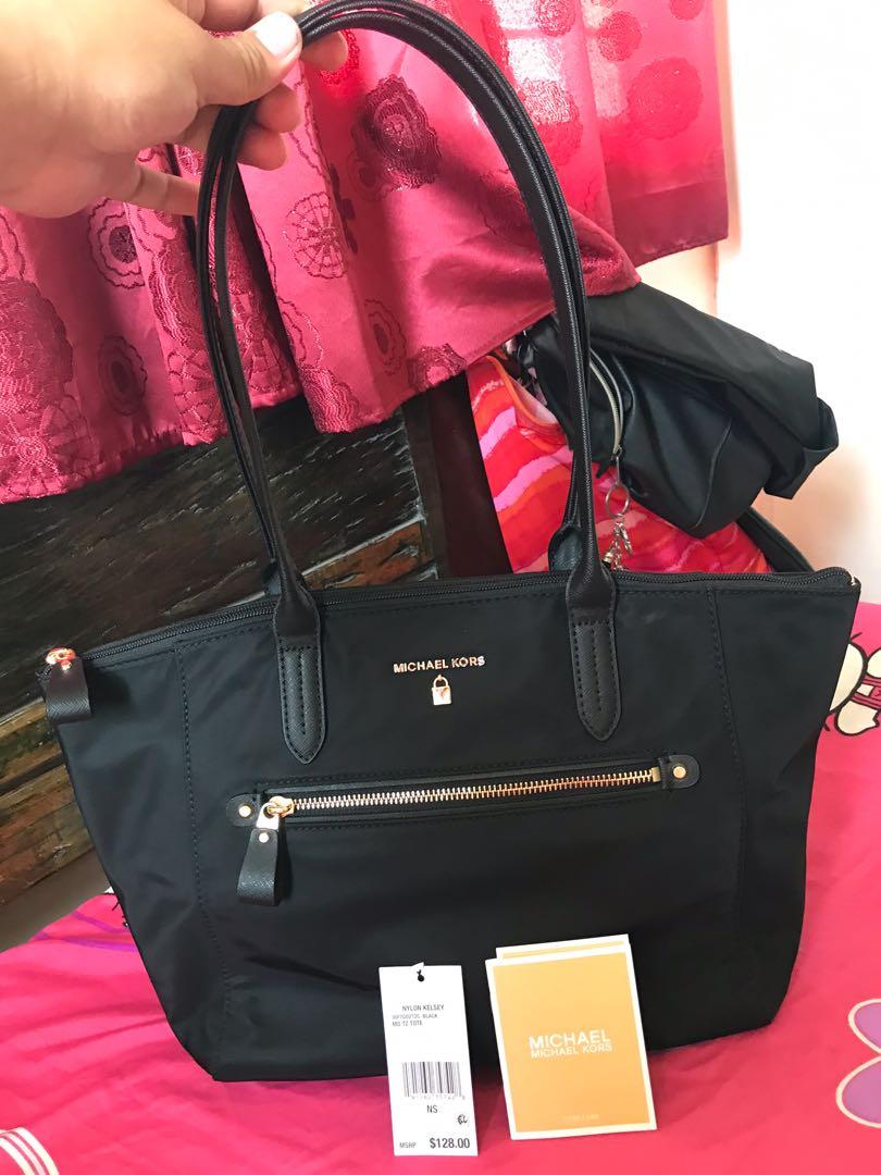 Michael Kors Nylon Tote Bag Shoulder Handbag Purse Black & Tan