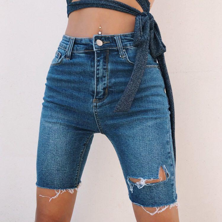 denim ripped cycling shorts