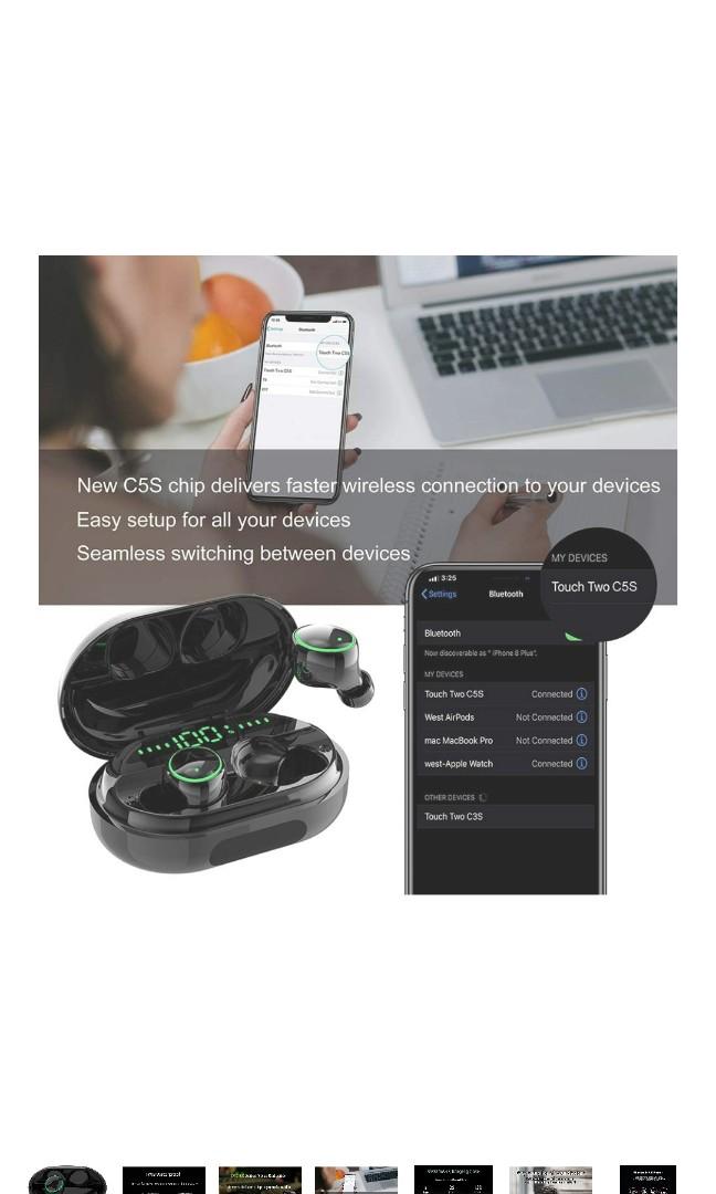 Touch Two C5s Bluetooth 5.0 Headphones Wireless Earbuds IPX8 Waterproof Stereo Earbuds with Microphone LED Battery Display 120H Playtime