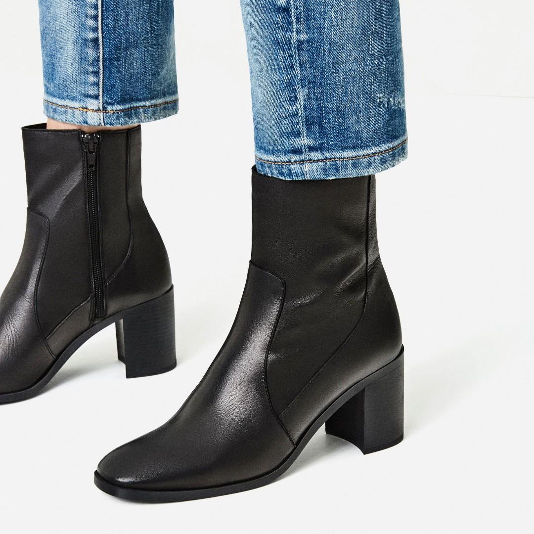 Zara Leather Heeled Boots with Side Zip 