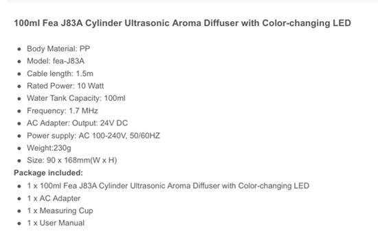 100ml Fea J83A Cylinder Ultrasonic Aroma Diffuser with Color-changing ...