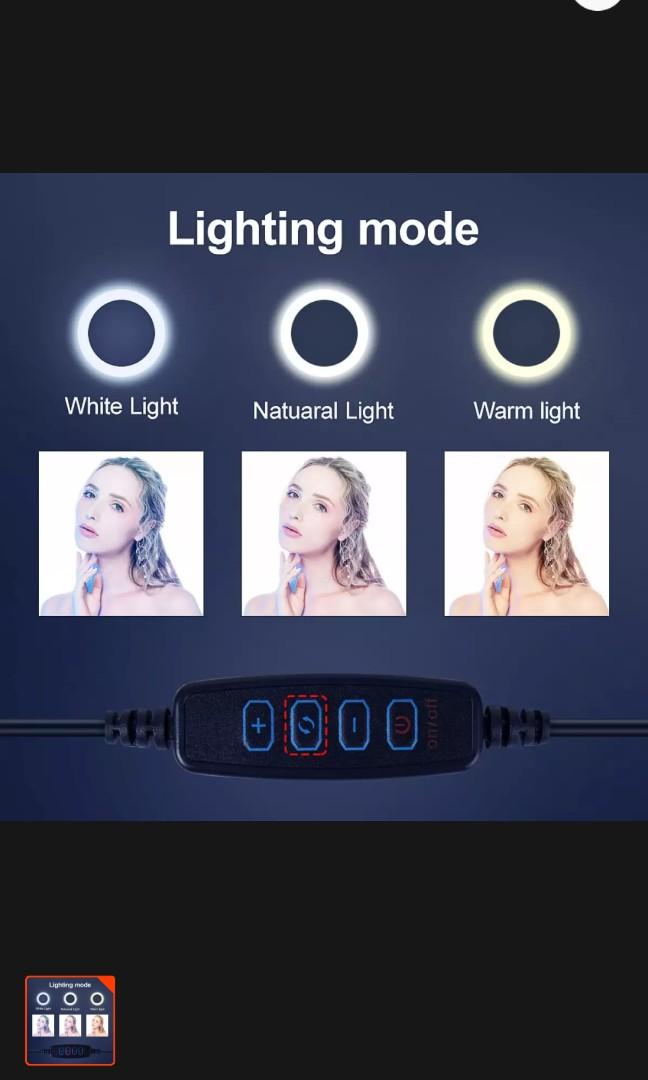 26cm ringlight (Category: Lighting) located in San Juan City. Submitted by dollmac (Listing ID 1010678650, Image 3). Description: paubos sale!! Set with 6ft black metal stand With cp holder Dimmable lights 3 colors Bulb type.