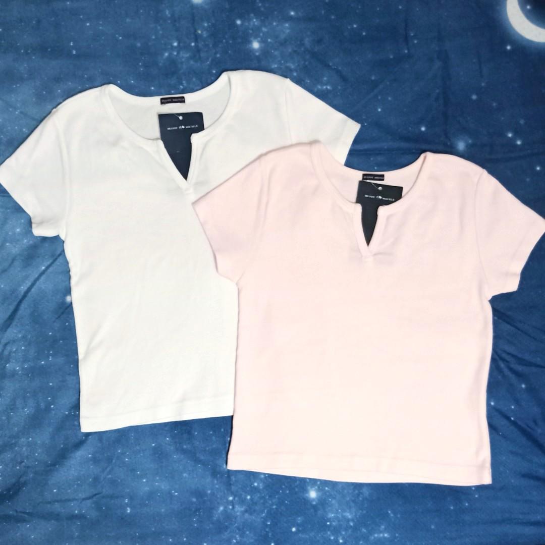 Reserved Bnwt Brandy Melville V Notch Ashlyn Crop Top In White And Sakura Light Pink Women S Fashion Tops Other Tops On Carousell