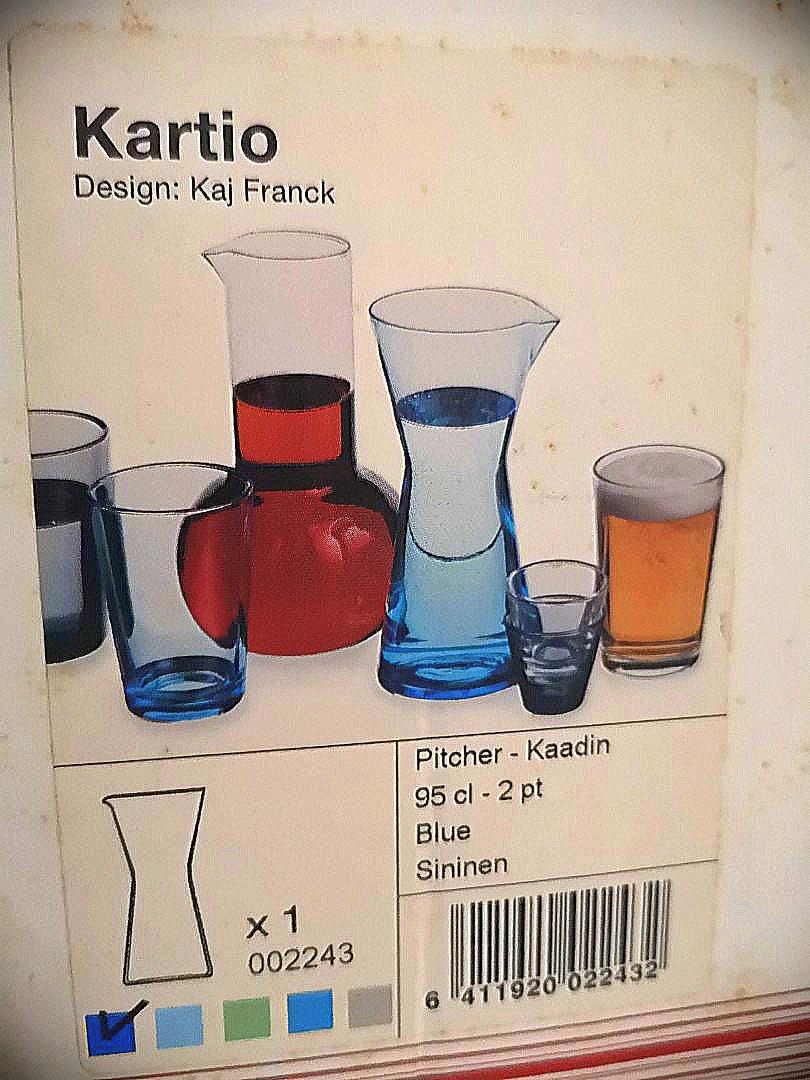 Glass Pitcher Wine Decanter (Category: Other Kitchenware & Tableware) located in Manila. Submitted by leo.7 (Listing ID 281015548, Image 1). Description: Designed by Kaj Frank Sea Blue With anti spill spout 95cl=2pt 8.75in high For the modern minimalist Bought in Finland Php2680 Italian Decanter 9.5in high and 6.5in at widest Elegant embossed design on very light green glass Easy grip neck & you can Cork to keep Php650 only Both Stored and unused