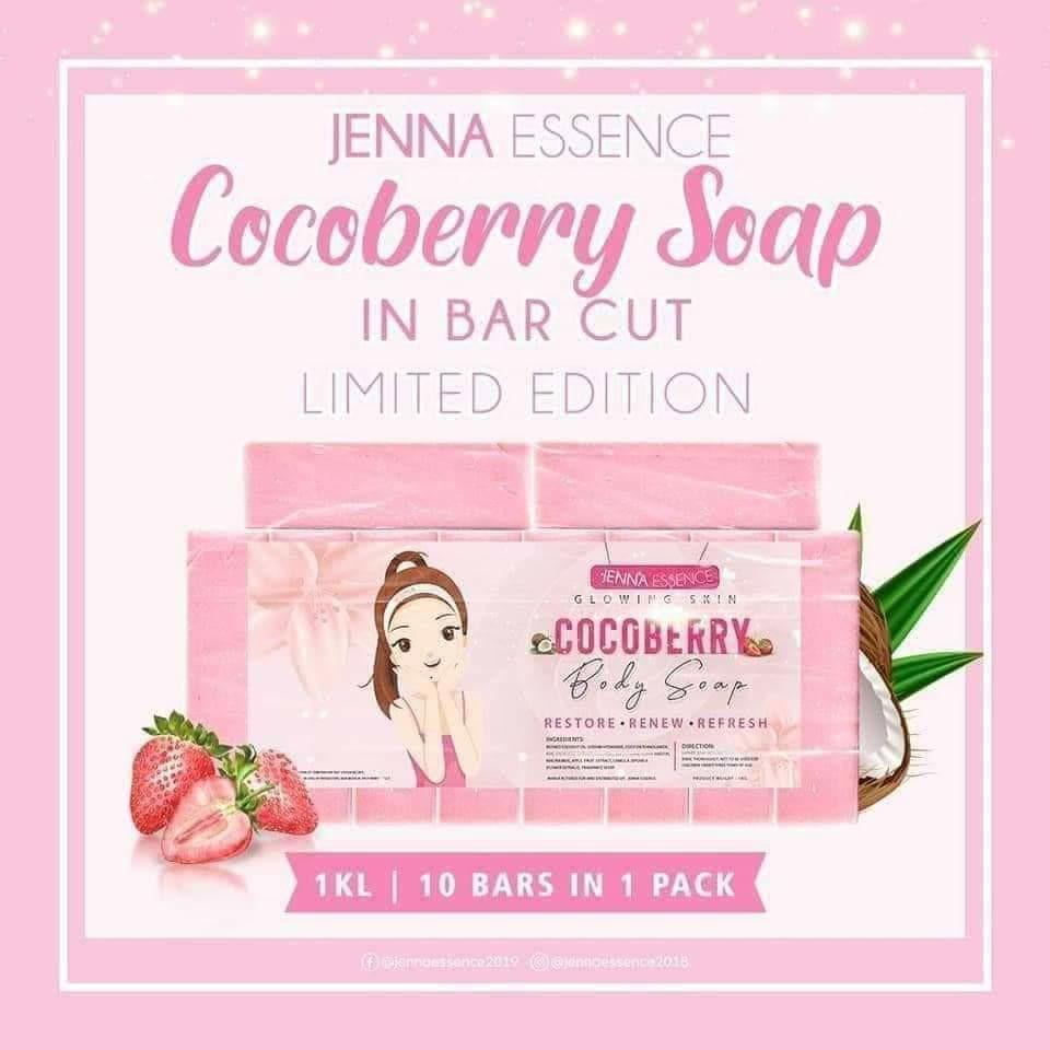 JENNA ESSENCE Cocoberry Soap (Category: Beauty Enhancer & Weight Management) located in Manila. Submitted by g.aolshop (Listing ID 1010594386, Image 1). Description: COCOBERRY BODY SOAP 🥥🥥🥥🍓🍓 (BAR CUT AVAILABLE 🧼 🧼 🧼) Restore• Renew• Refresh 💸300 Pesos only - 1 pack = 10 bar soap = 1kl 💸 50 Pesos - Per Piece Benefits: ✔️ whitening ✔️ moisturizing ✔️ anti-aging ✔️ smoothening ✔️ glowing Cocoberry Body Soap- Snail White Extract is a premi
