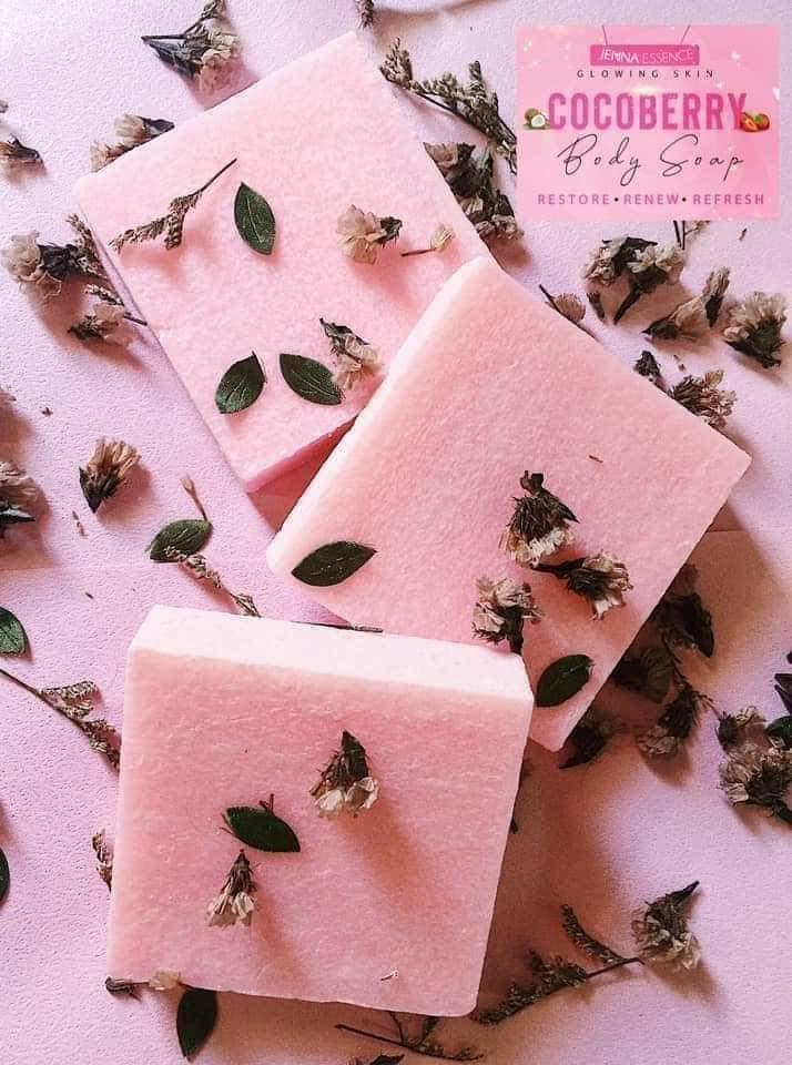 JENNA ESSENCE Cocoberry Soap (Category: Beauty Enhancer & Weight Management) located in Manila. Submitted by g.aolshop (Listing ID 1010594386, Image 3). Description: COCOBERRY BODY SOAP 🥥🥥🥥🍓🍓 (BAR CUT AVAILABLE 🧼 🧼 🧼) Restore• Renew• Refresh 💸300 Pesos only - 1 pack = 10 bar soap = 1kl 💸 50 Pesos - Per Piece Benefits: ✔️ whitening ✔️ moisturizing ✔️ anti-aging ✔️ smoothening ✔️ glowing Cocoberry Body Soap- Snail White Extract is a premi
