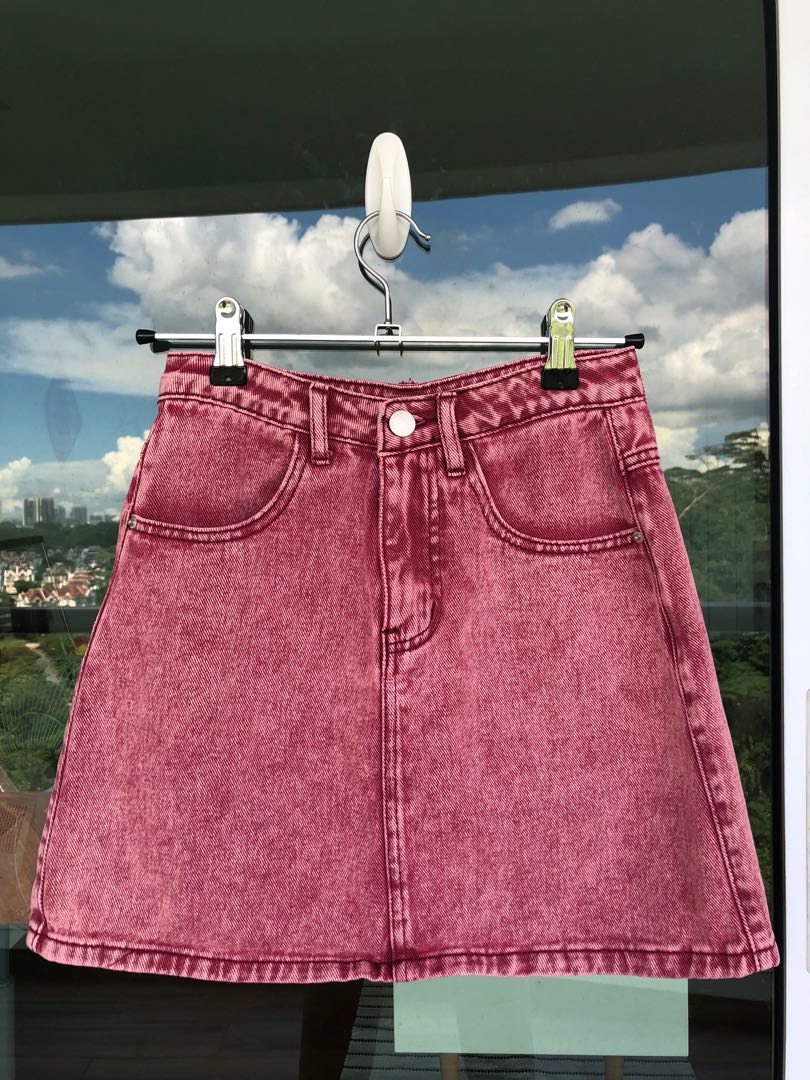 pink acid wash denim skirt