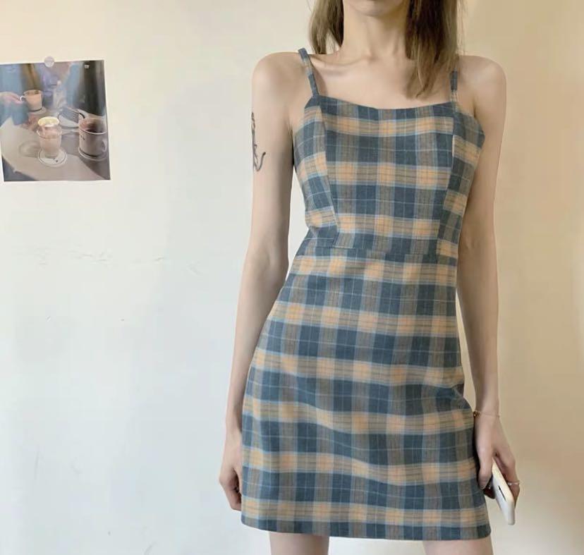 blue and yellow plaid dress