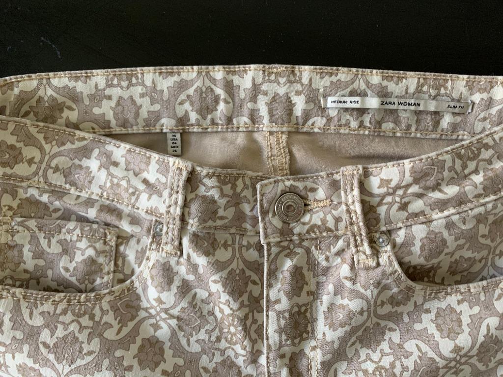 Zara Woman Medium Rise Slim Fit Beige Pattern Trousers Usa04 Eur36 Women S Fashion Clothes Pants Jeans Shorts On Carousell