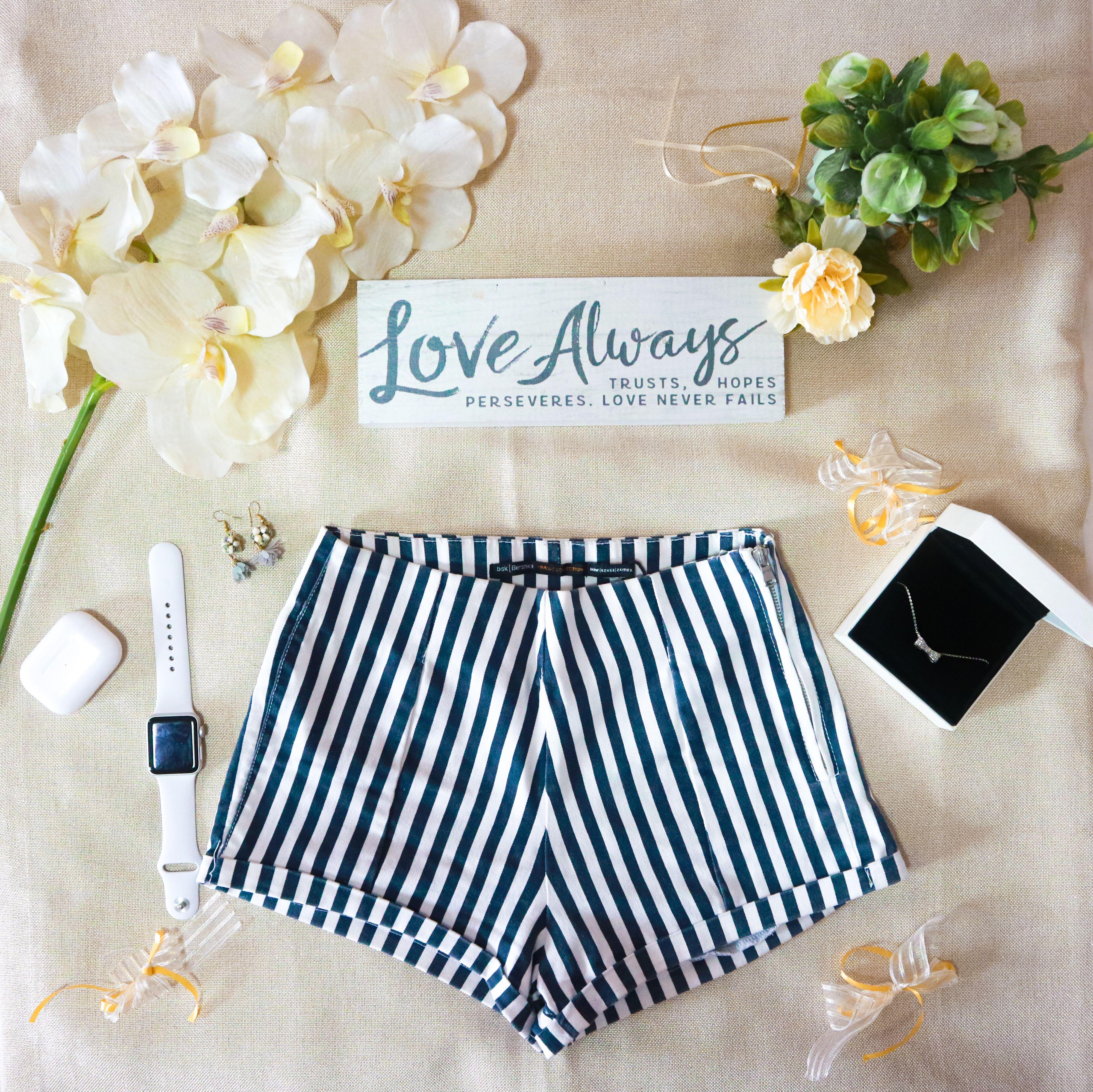 blue and white striped jean shorts