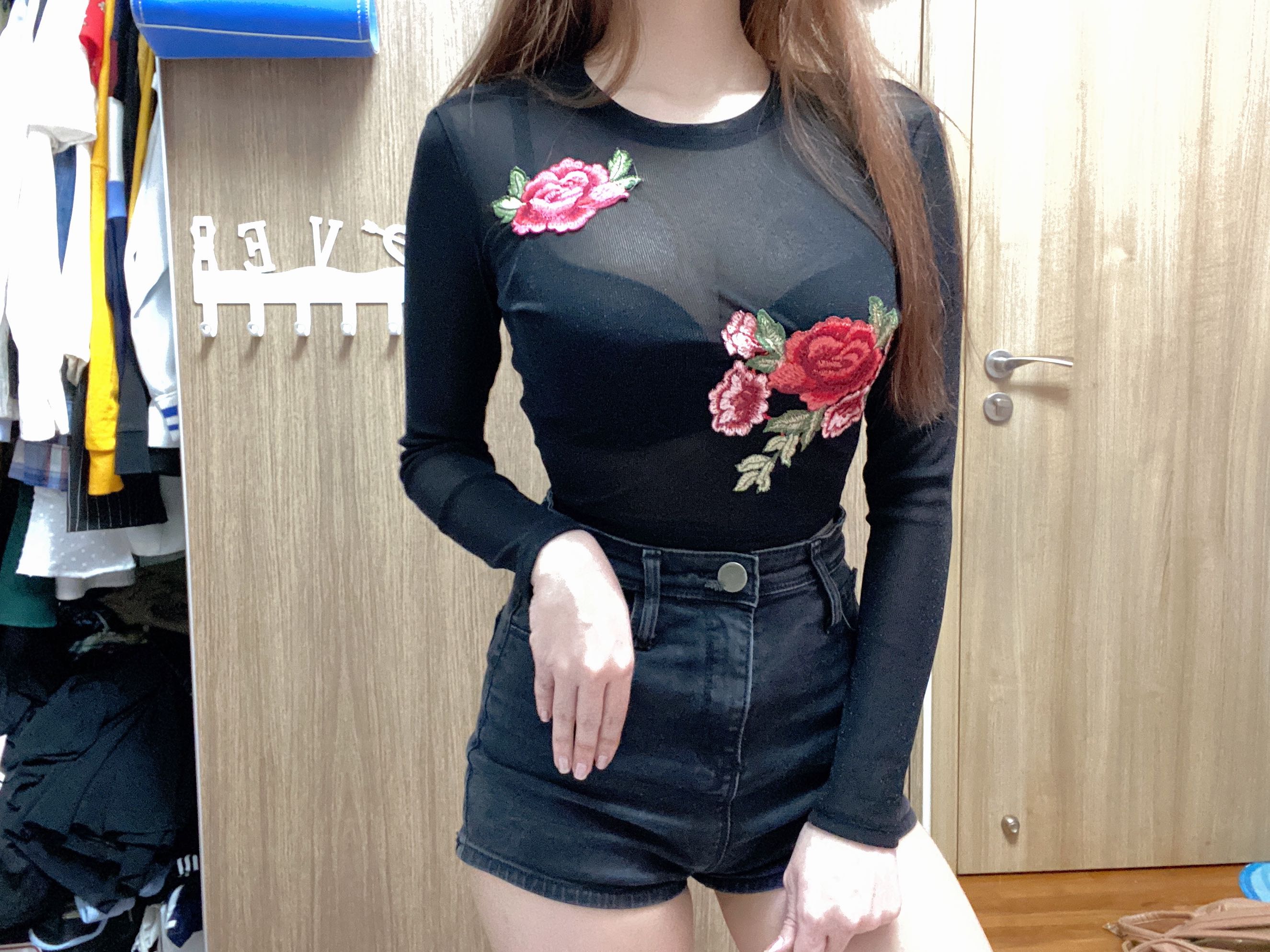 black mesh top with roses