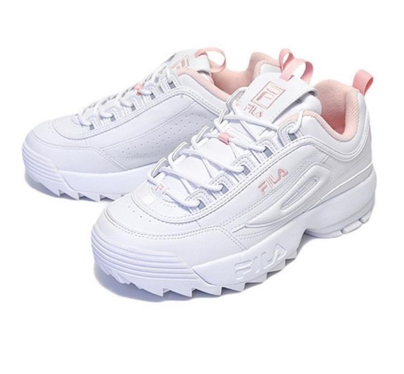 pink and white fila sneakers