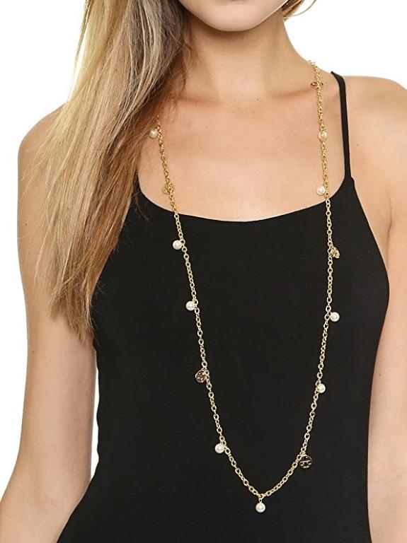 Tory Burch Pearl Logo Charm Rosary Necklace