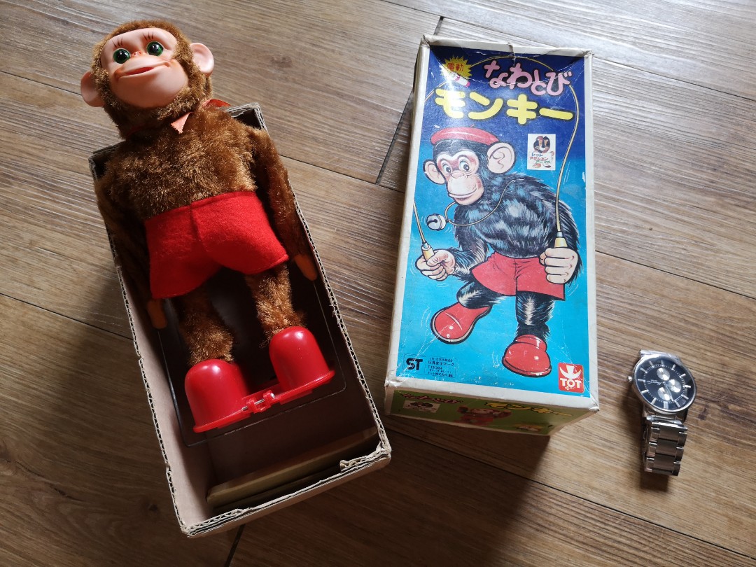 Vintage 1960s 70s Tot Rare Tin Toy Skipping Monkey 9 inch Mint