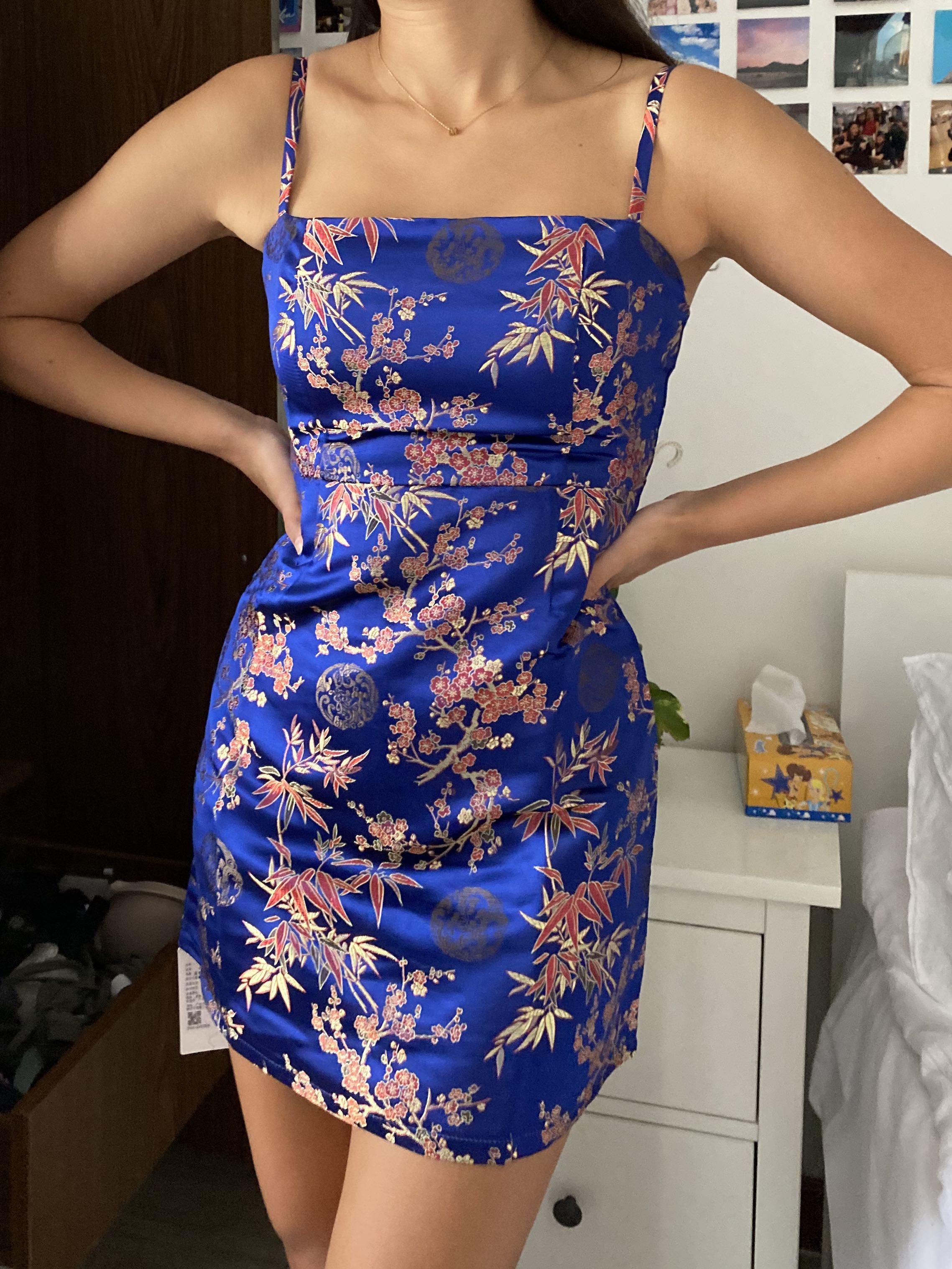 Yesstyle oriental mini dress floral silk satin chinese print navy