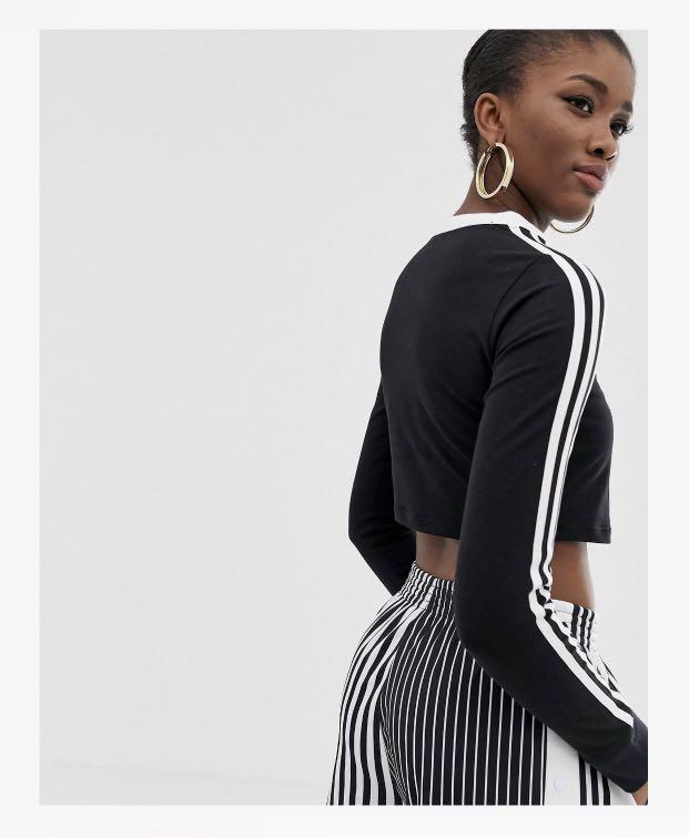 Adidas originals three stripe cropped long sleeve top in black clearance