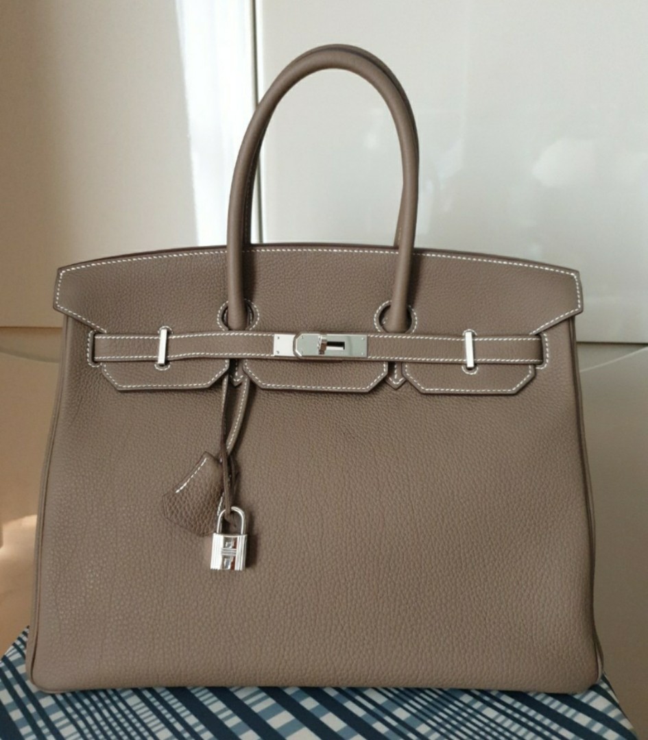 Authenticated Used Hermes Birkin 35 Handbag Togo Etoupe Silver