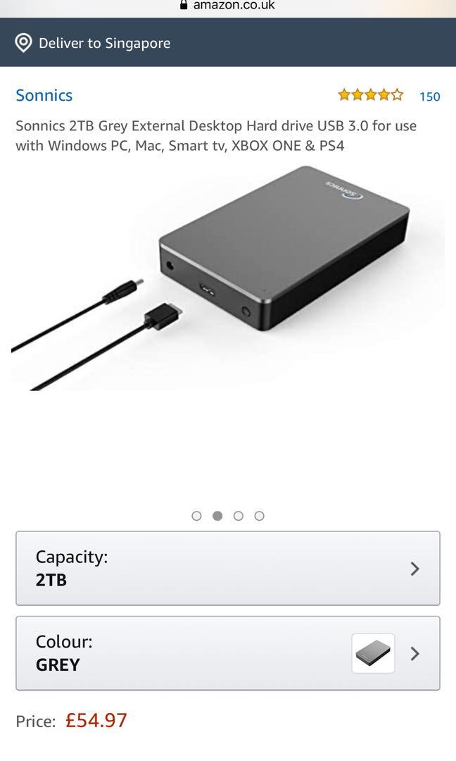 Sonnics 2TB Grey External Desktop Hard drive USB 3.0 for use with