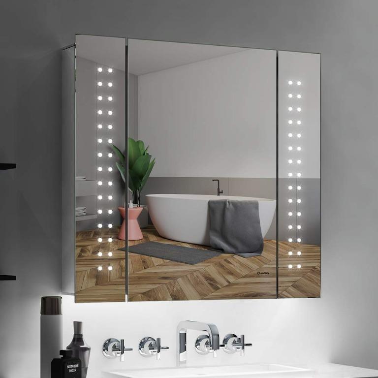 LED Illuminated Bathroom Mirror Cabinet Storage 2 Glass Shelf Shaver Socket IP44 