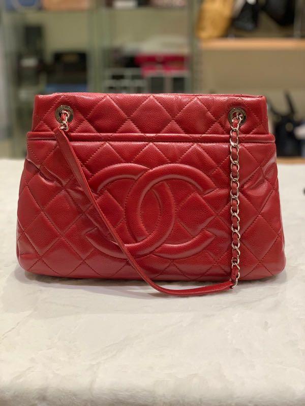 Chanel Red Quilted Glazed Caviar Leather Timeless CC Soft Shopping Tote Bag