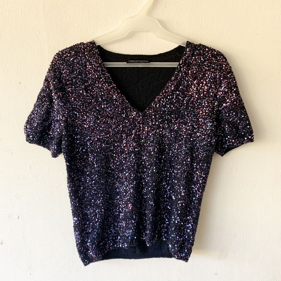 Navy Blue Glitter Top, Women's Fashion, Tops, Blouses on Carousell