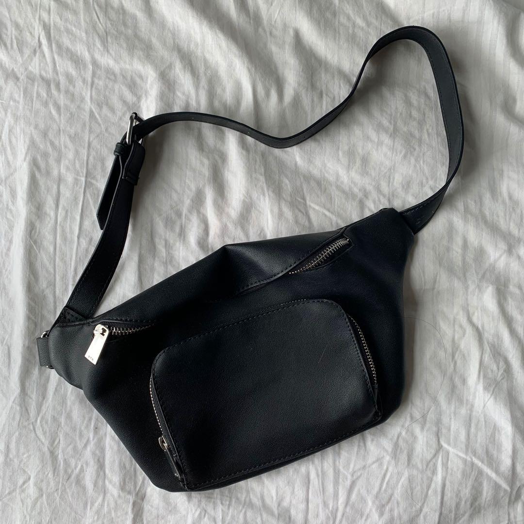 black leather fanny pack with chain