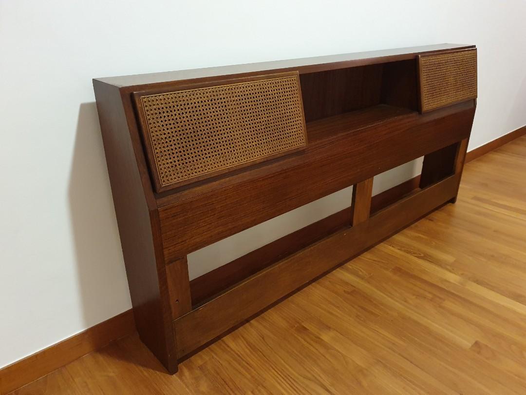 Vintage, quality 70s rattan & hardwood King size headboard, Furniture
