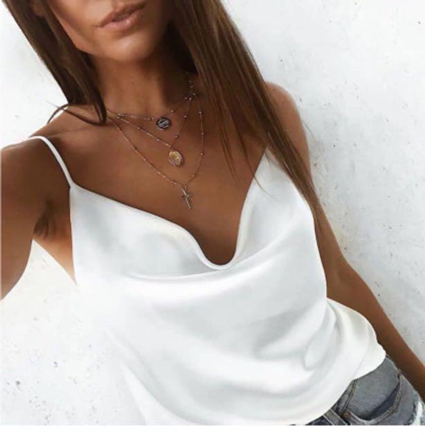 white satin cowl neck top