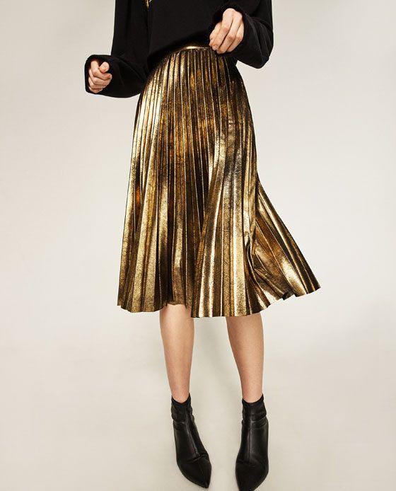 ZARA metalic gold pleated midi skirt, Fesyen Wanita ...