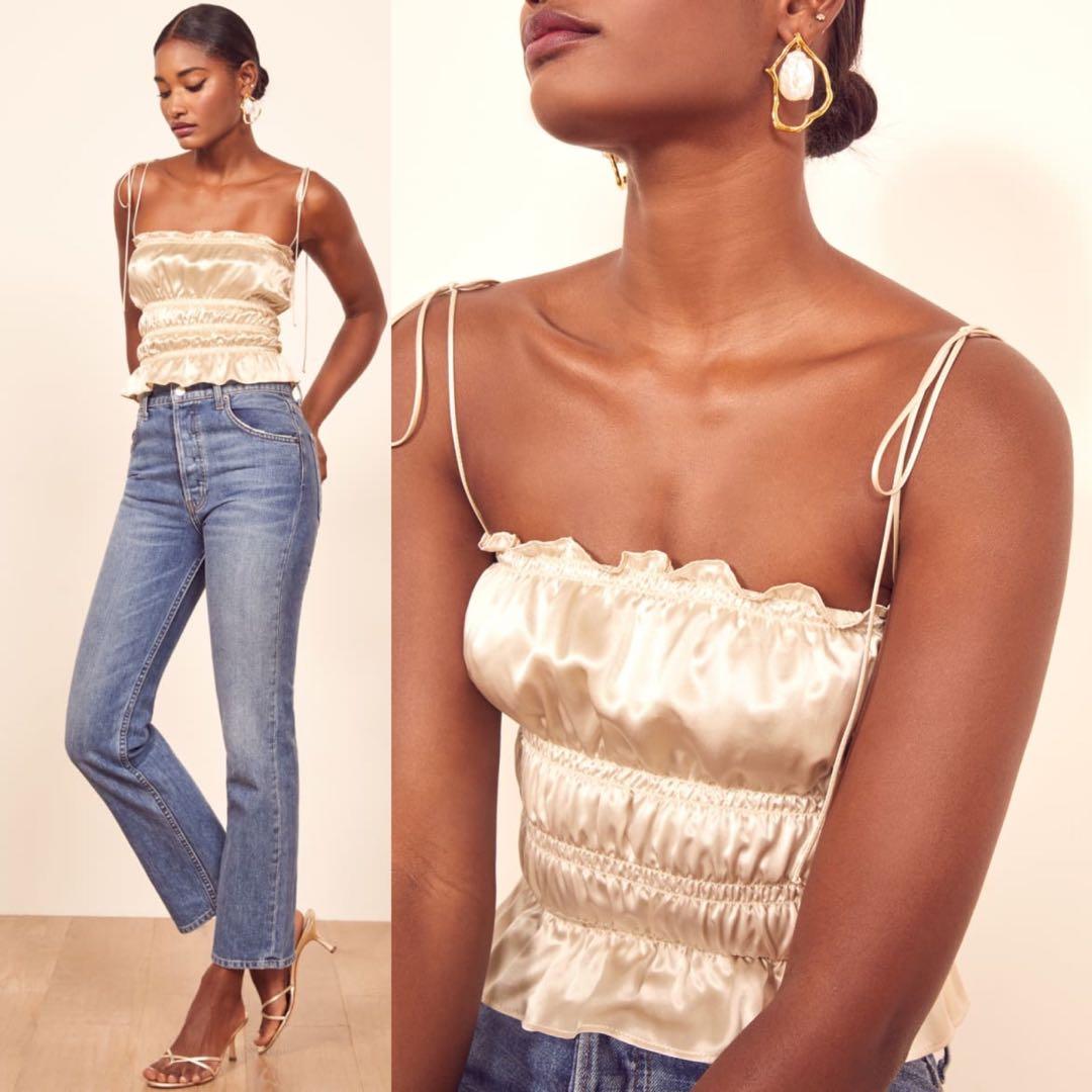 Reformation Viviana Silk Smocked Top in Ivory authentic ref Women s Fashion Tops Blouses on Carousell