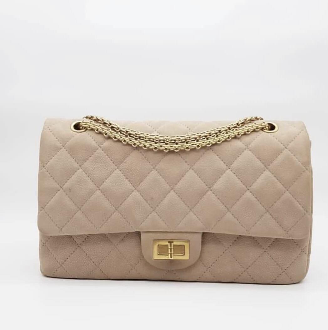 Authentic Chanel Reissue 227 in Gold Hardware Suede Caviar