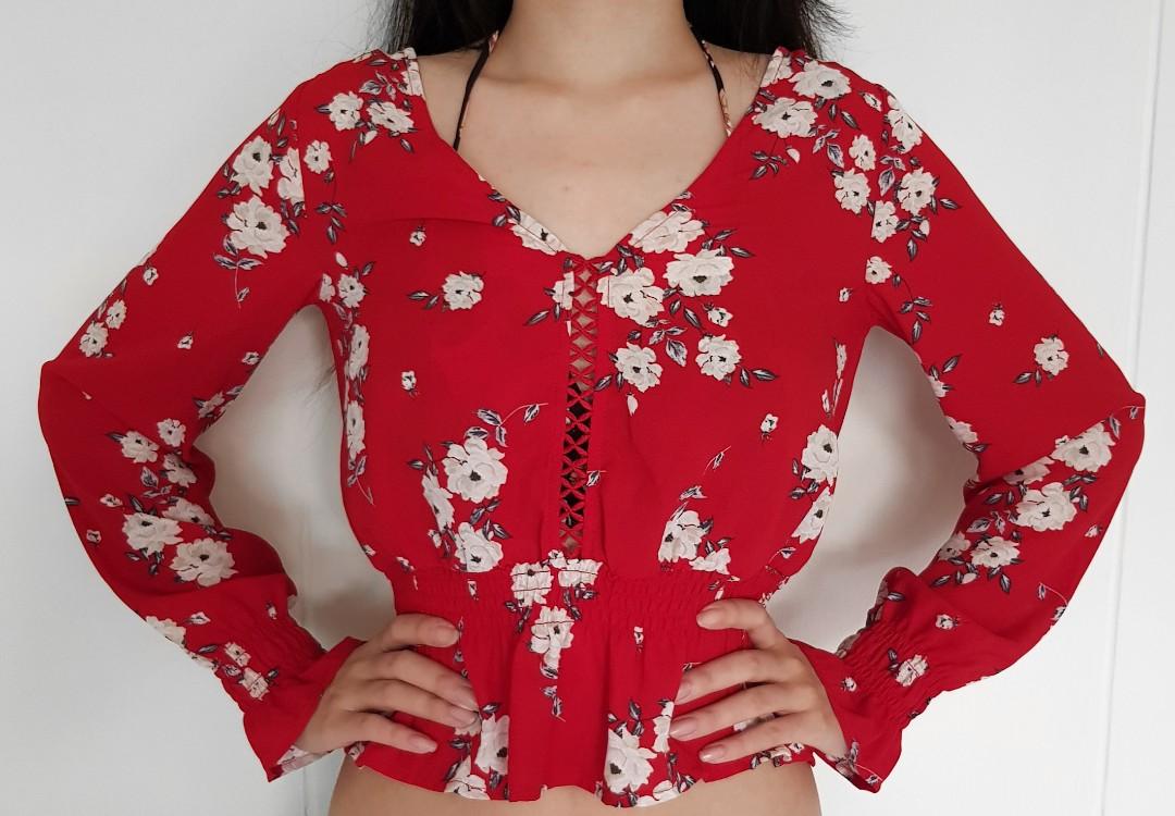 red flowy top