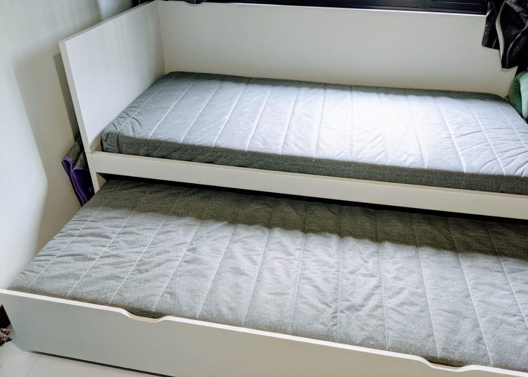ikea flaxa bed frame with pull out bed 2 mattresses furniture home living furniture bed frames mattresses on carousell