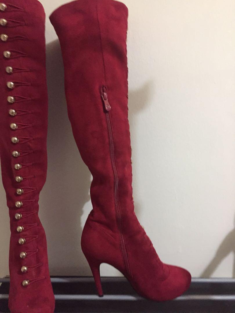 Knee high Red suede boot Women s Fashion Footwear Boots on