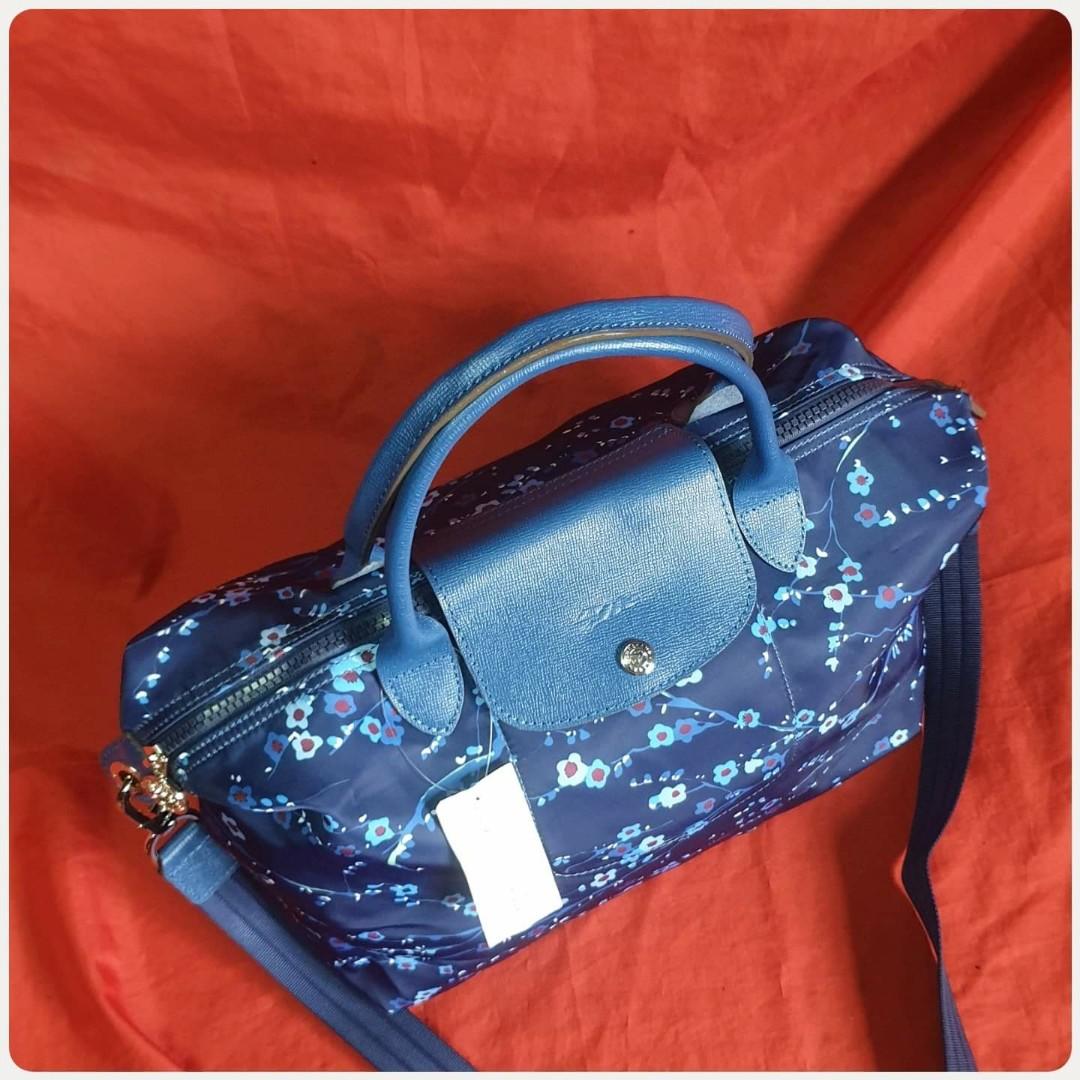 Longchamp Modele Depose Limited Blue Gray Floral Velvet Bag