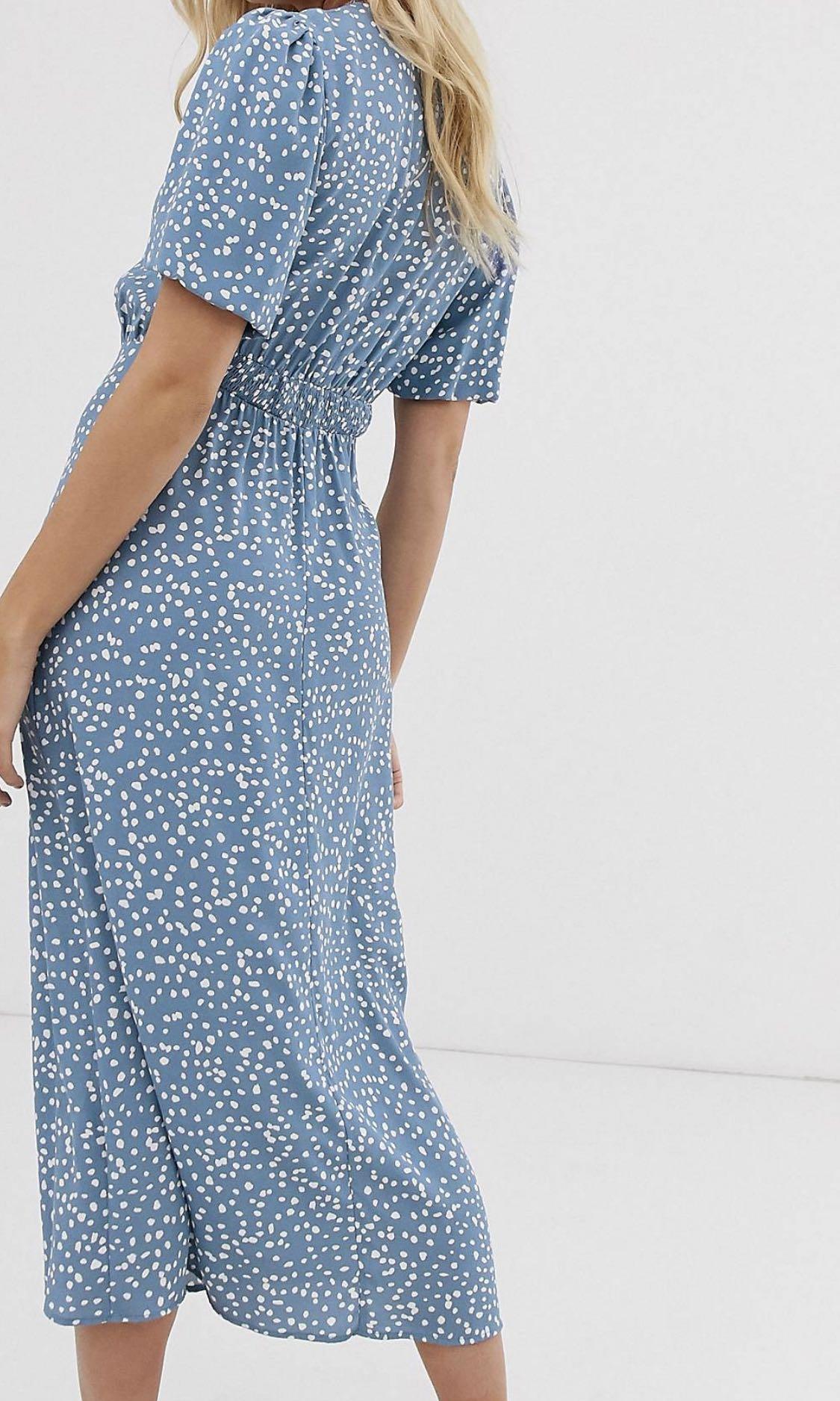 New look puff sleeve midi dress in blue spot hot sale