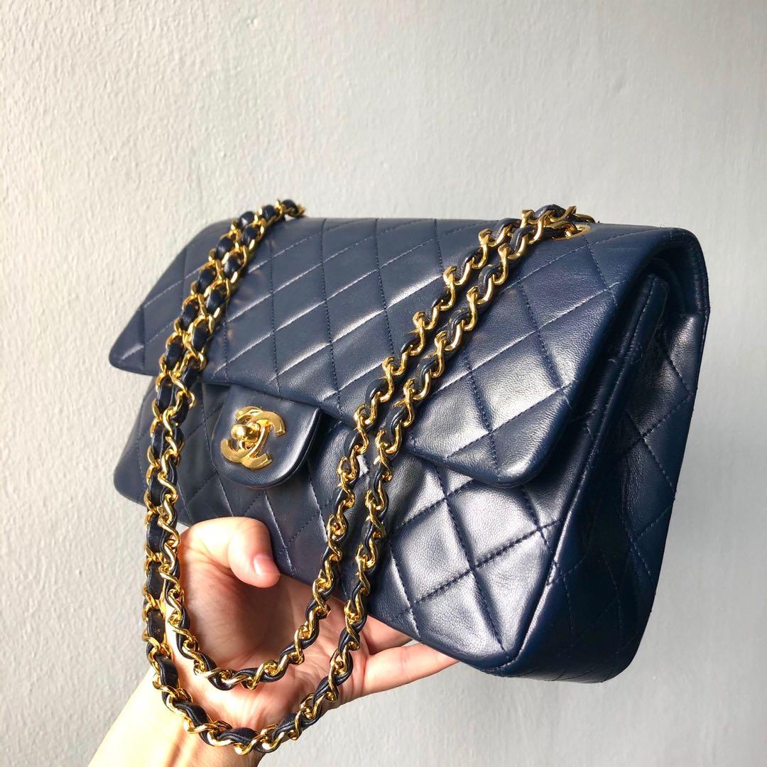 SOLD BEFORE LISTING ON CAROU: Authentic Chanel Navy Blue Classic Flap  Medium w 24k Gold Hardware, Luxury, Bags & Wallets on Carousell