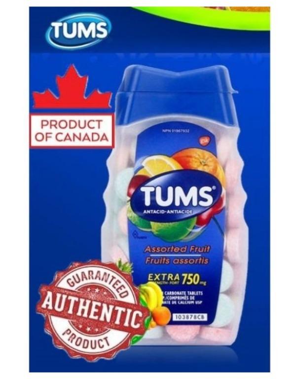 Tums Antacid 750g 100 counts (Category: Health Food, Drinks & Tonics) located in Manila. Submitted by spktrader (Listing ID 1015599327, Image 2). Description: MADE IN CANADA EXPIRY: 2026 Brand Name:TUMS Antacid Model:Extra Strength 750 mg Assorted Fruit Net Volume:100 count Benefit: - fast heartburn relief - Sour stomach - Acid indigestion caused by excess stomach acidity. 🍒 TUMS is an antacid made of calcium carbonate. 🍒 It is available over-t
