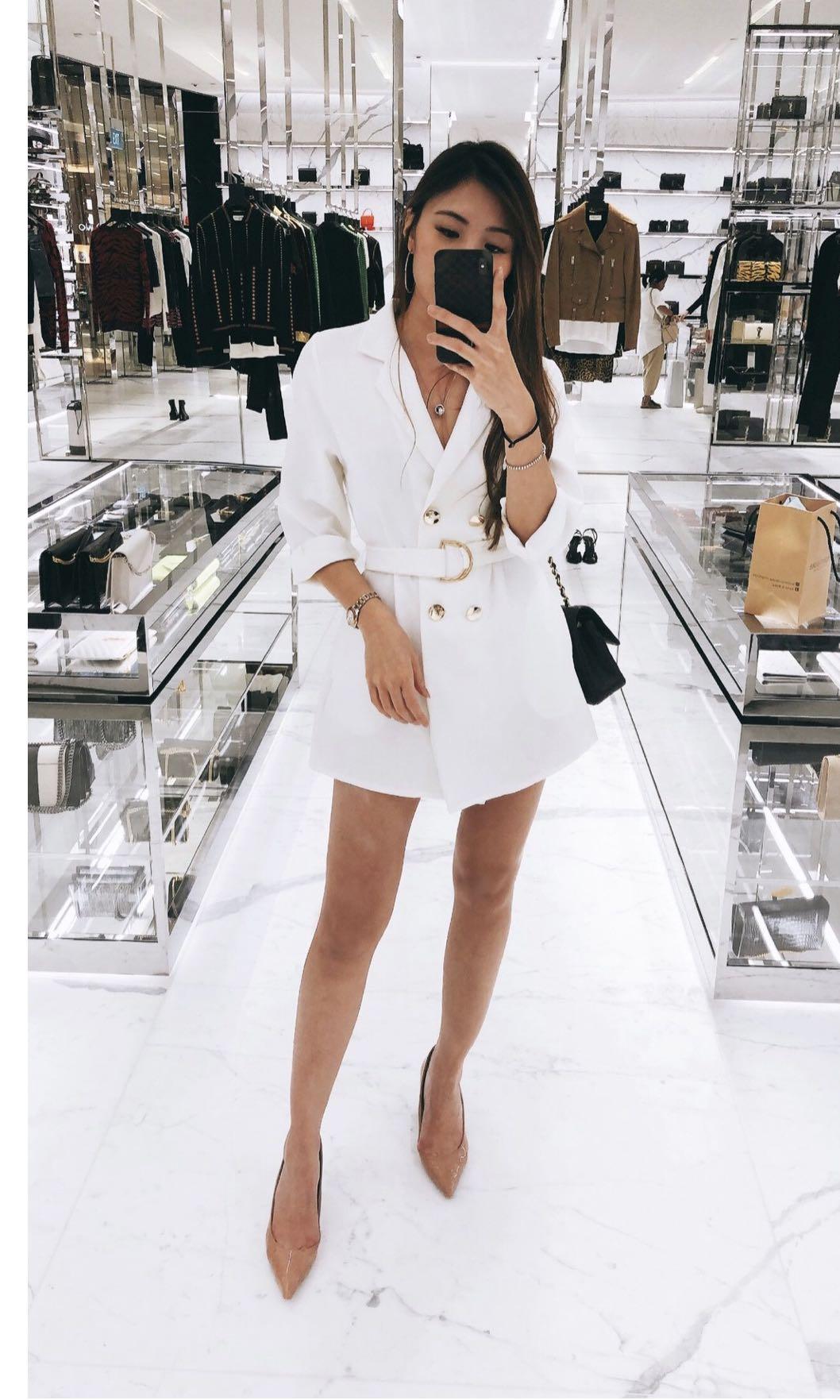 White Blazer Dress with Removable Belt Women s Fashion Tops